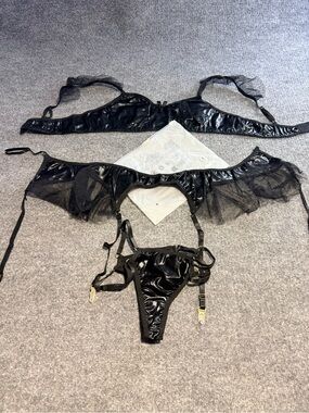 Black Satin-Look Mesh Garter Bra & Thong Set